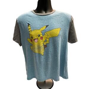 Pokémon Pikachu T-Shirt Adult Large Blue Gray Ringer Tee Nintendo Hybrid Apparel